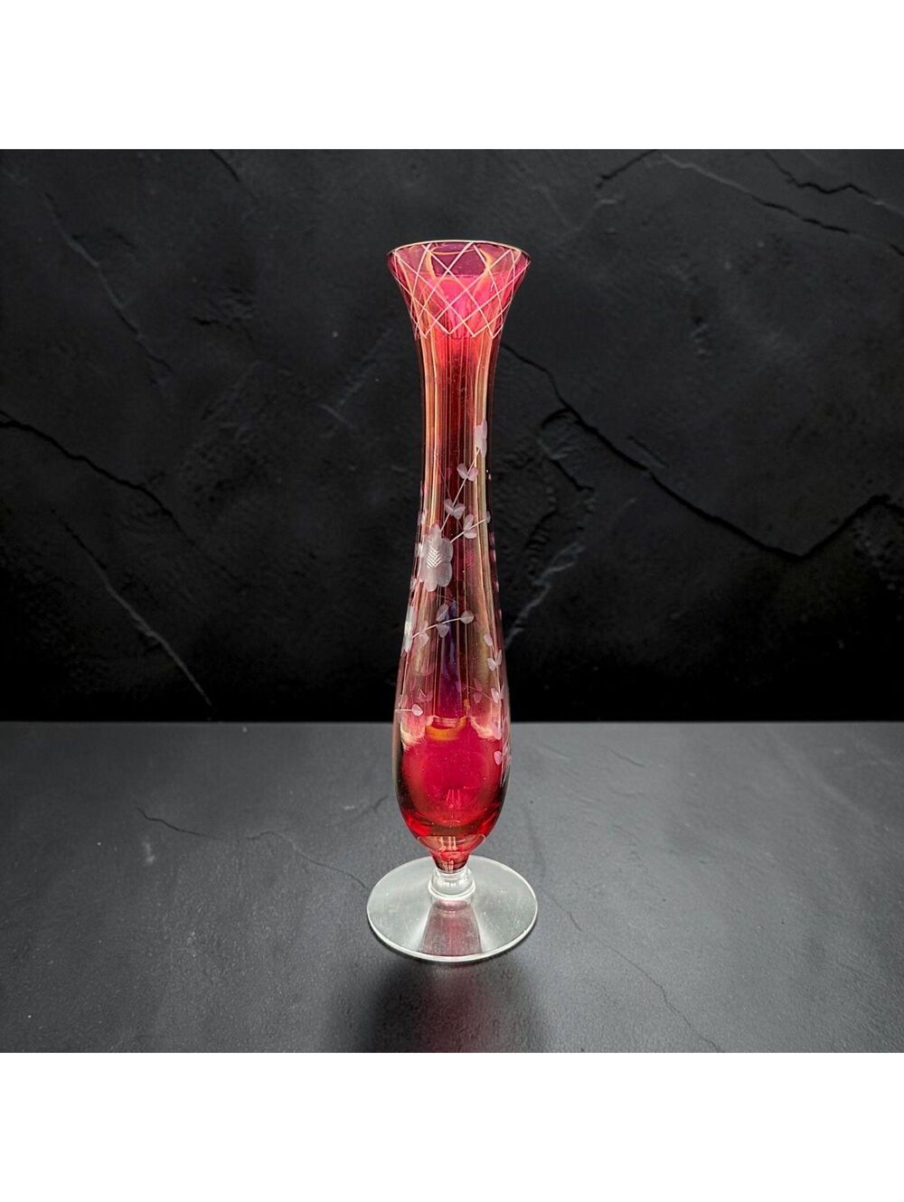 Vintage Ruby Red Etched Floral Bud Vase 10" Clear Footed Art Glass